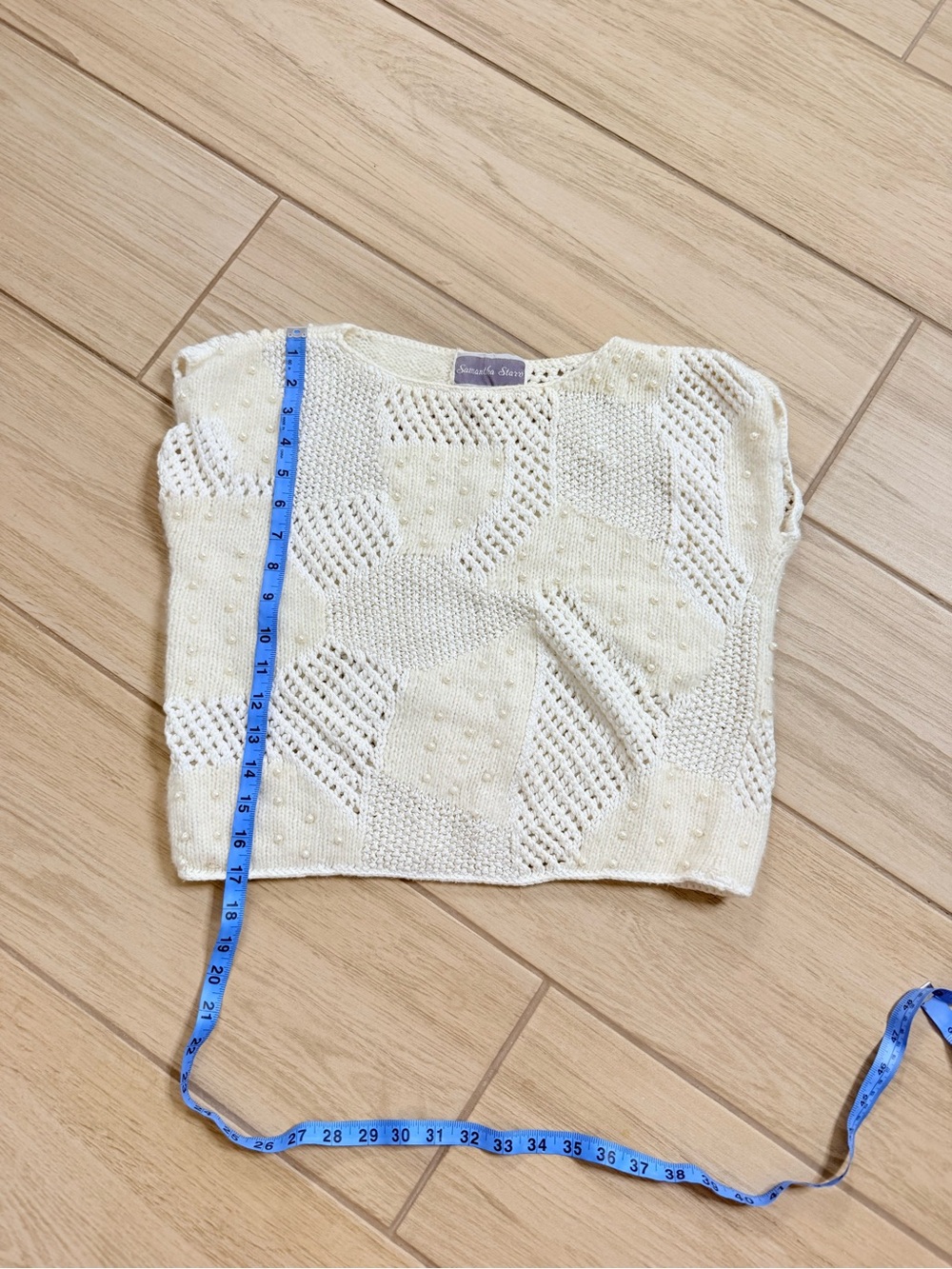 Samantha Starr Cream Patchwork Knit Blouse Sleeveless Geometric Popcorn Stitch S - Picture 5 of 6